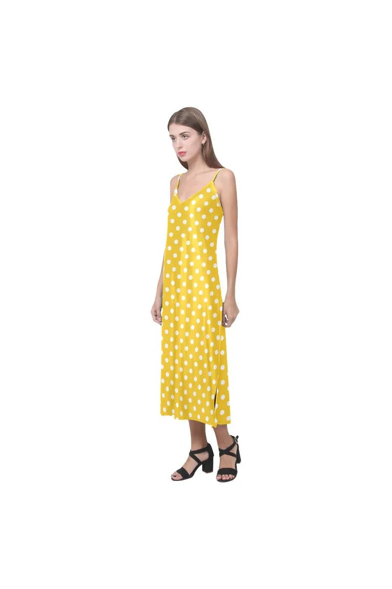 Golden Yellow Polka Dot V-Neck Open Fork Long Dress(Model D18)