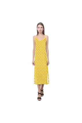 Golden Yellow Polka Dot V-Neck Open Fork Long Dress(Model D18)