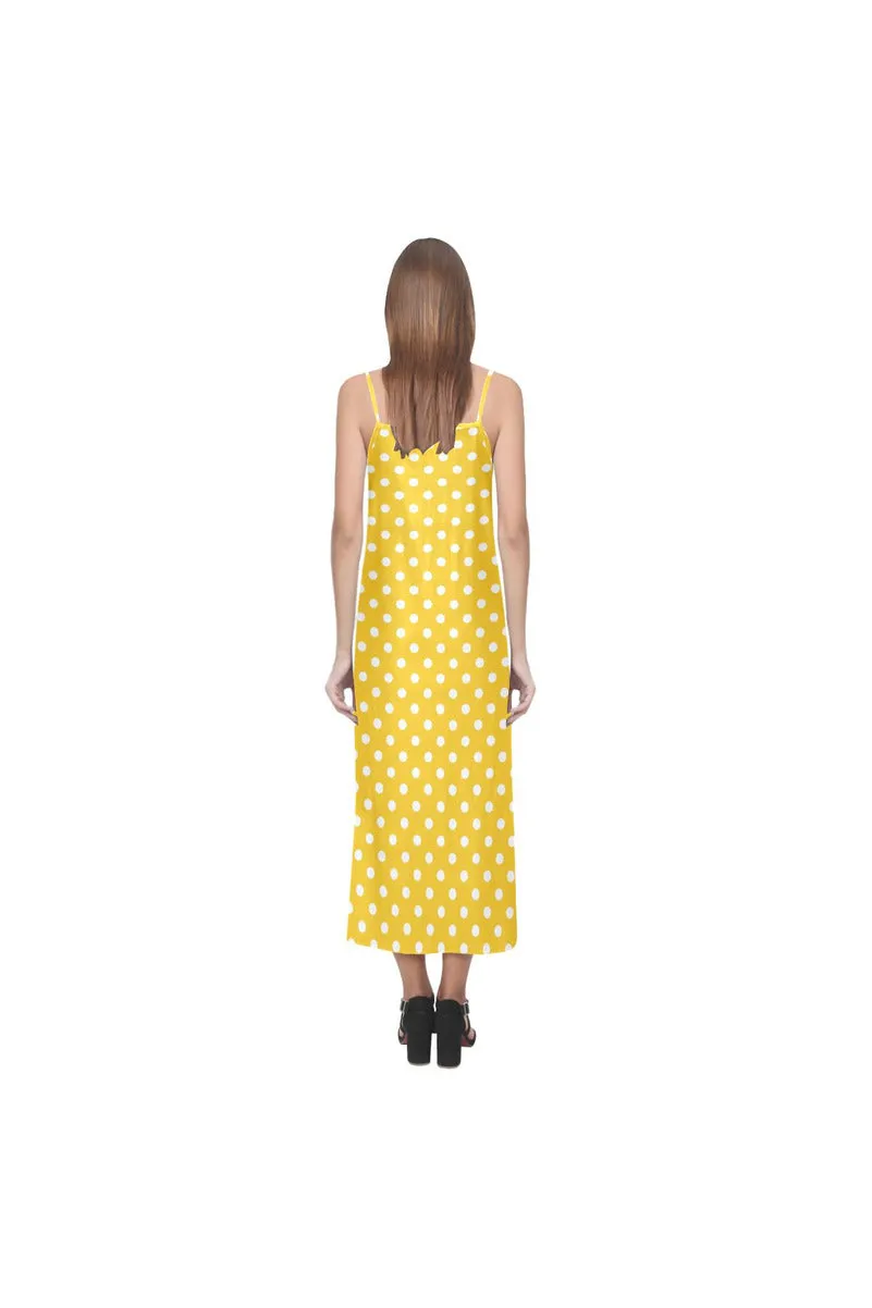 Golden Yellow Polka Dot V-Neck Open Fork Long Dress(Model D18)