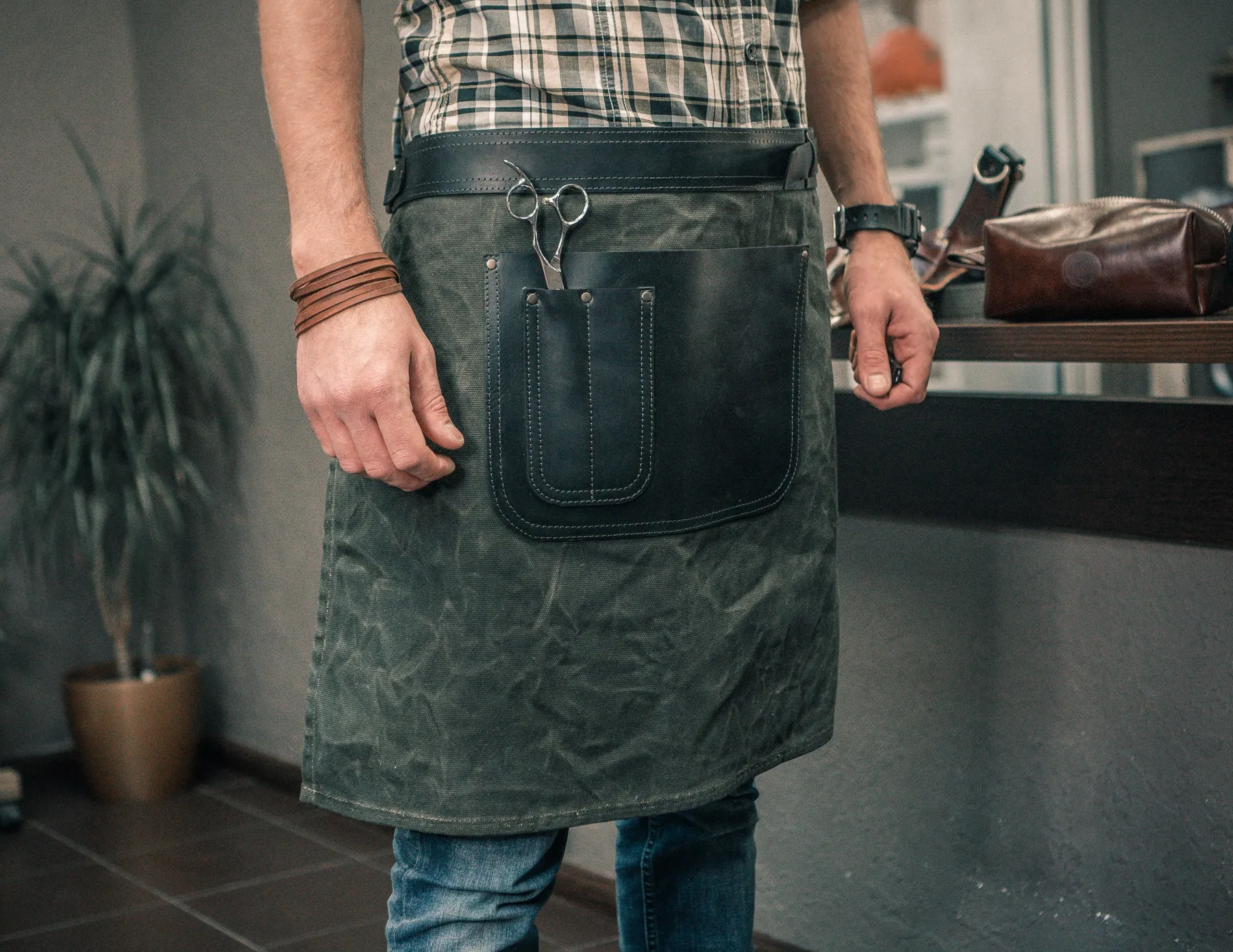 Half Waist Apron | Leather and Waxed Canvas | Handmade