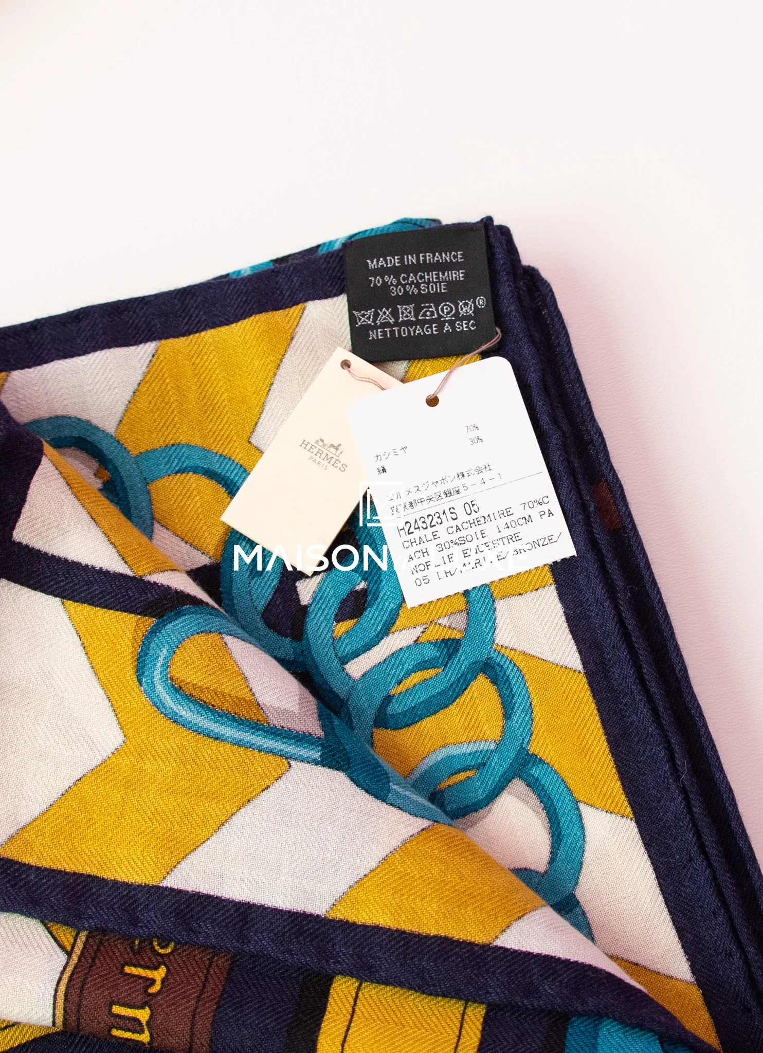 Hermes "Panoplie Equestre" Marine Cashmere 140 GM Shawl