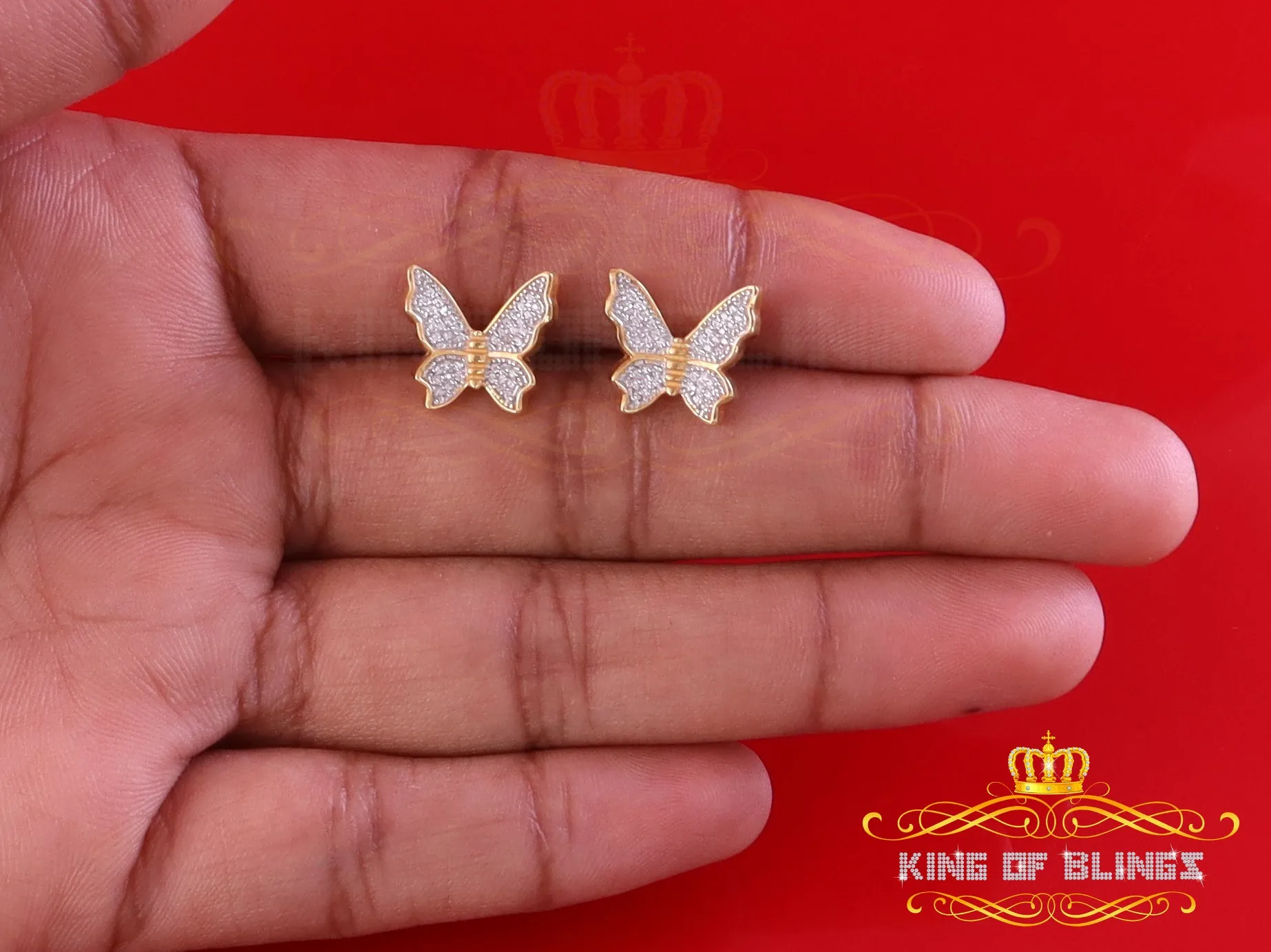 King of Bling's Butterfly Stud Earrings Yellow 925 Sterling Silver Women's 0.50ct Cubic Zirconia