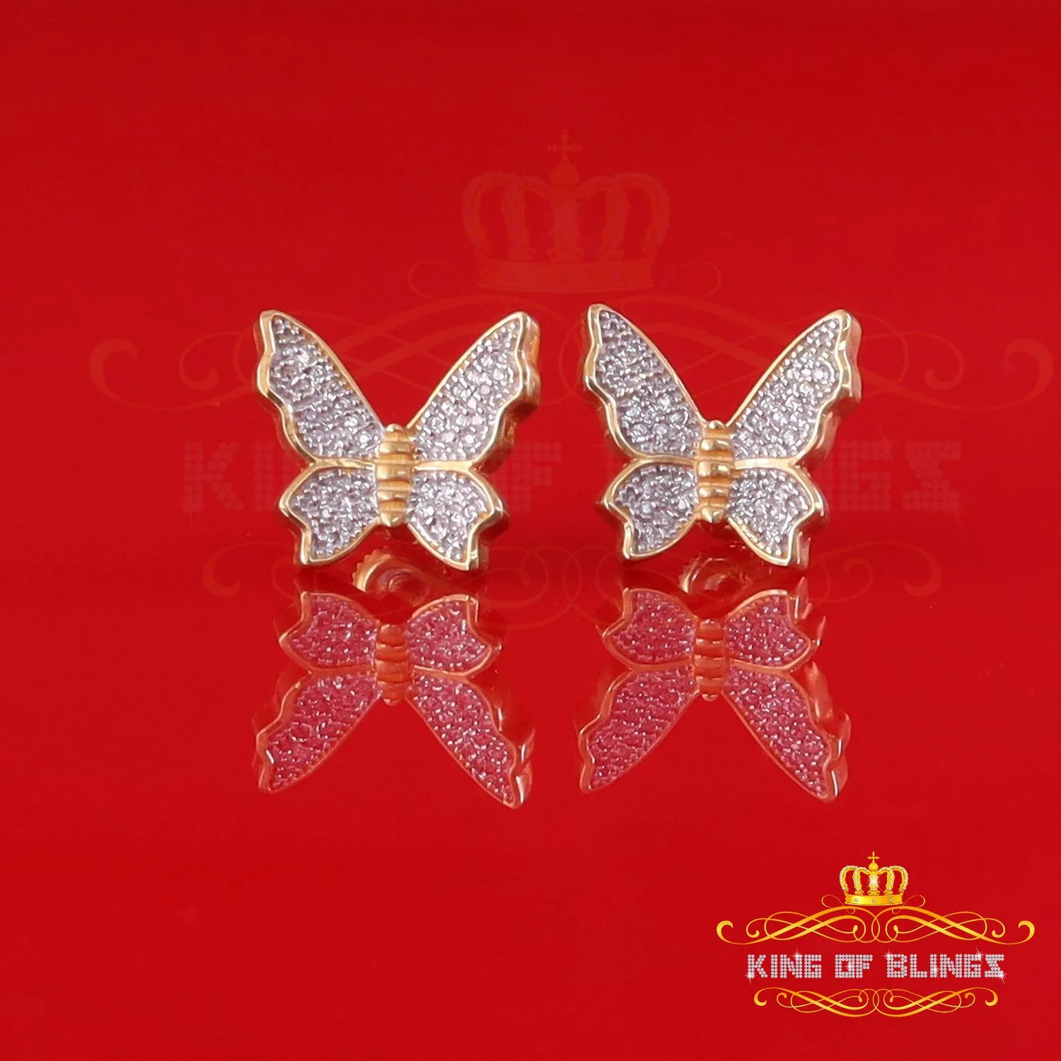 King of Bling's Butterfly Stud Earrings Yellow 925 Sterling Silver Women's 0.50ct Cubic Zirconia