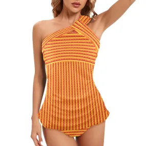 mandala striped red yellow orange Women's One Shoulder Backless Swimsuit (Model S44)