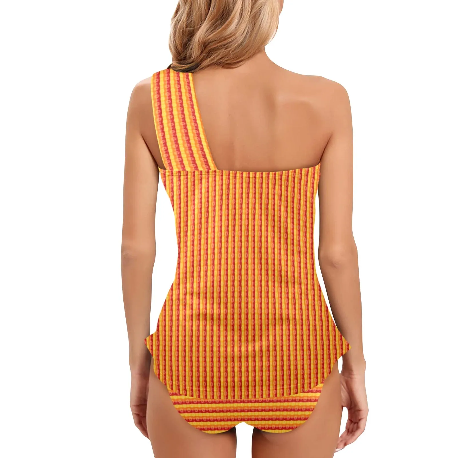 mandala striped red yellow orange Women's One Shoulder Backless Swimsuit (Model S44)