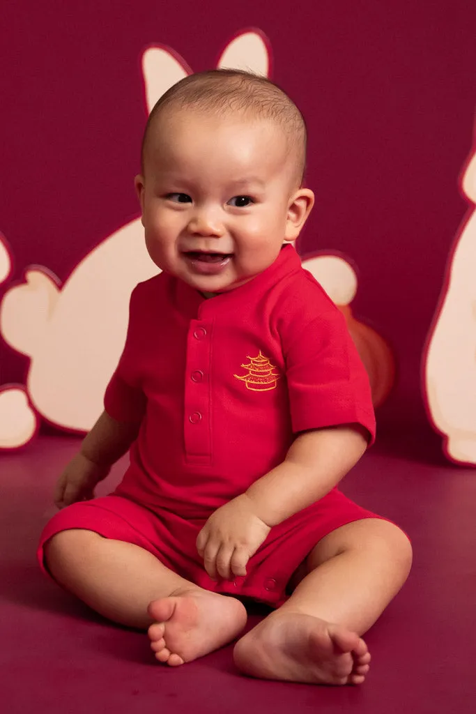 Mandarin-collared Polo Romper - Rose Pagoda