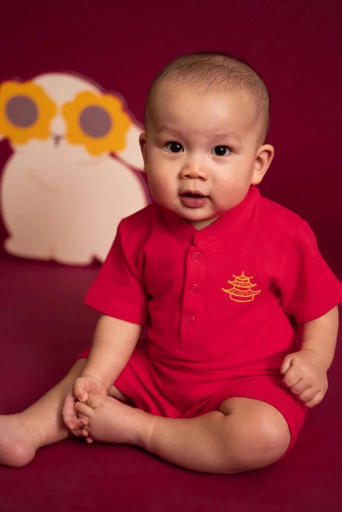 Mandarin-collared Polo Romper - Rose Pagoda