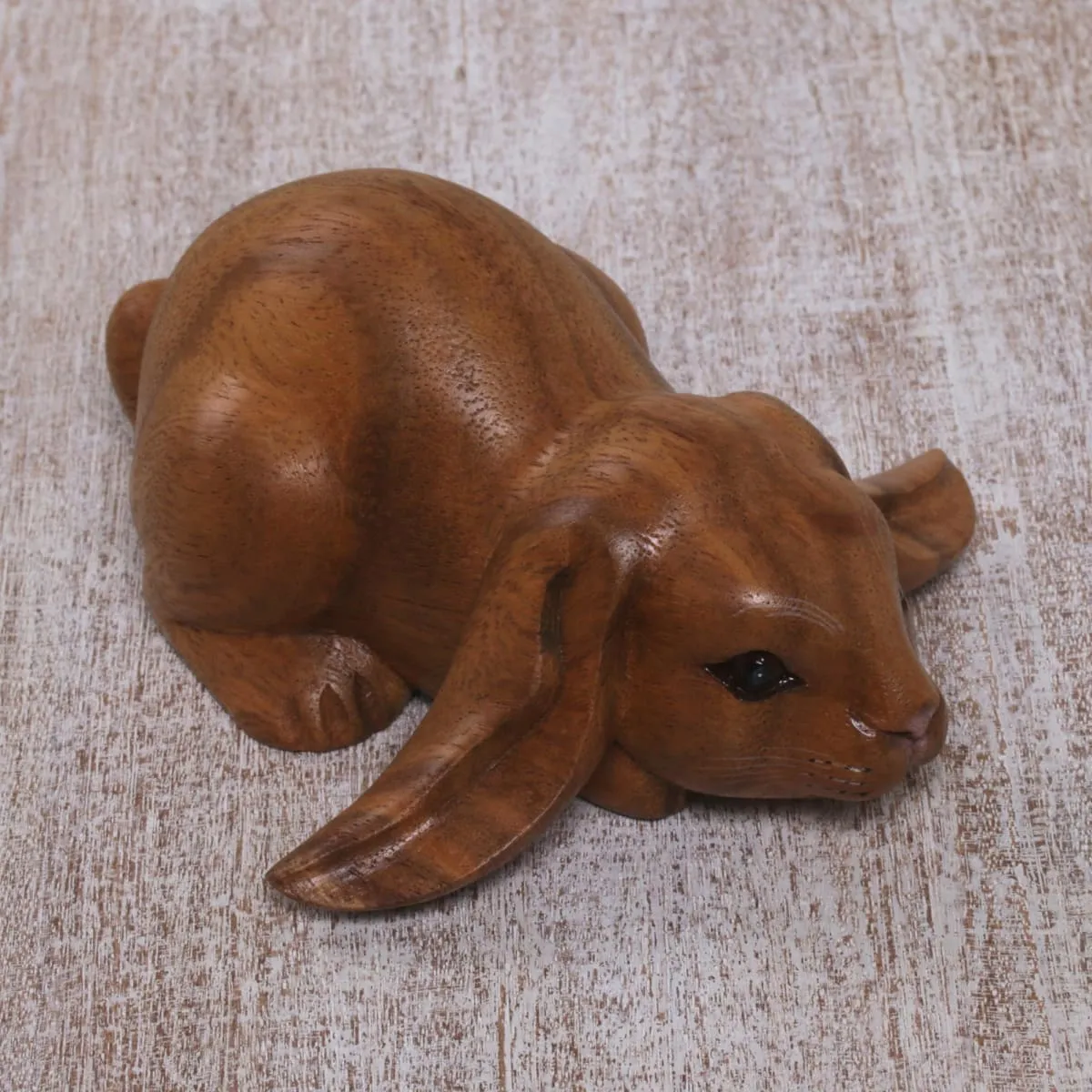 Novica Begging Rabbit In Brown Wood Sculpture