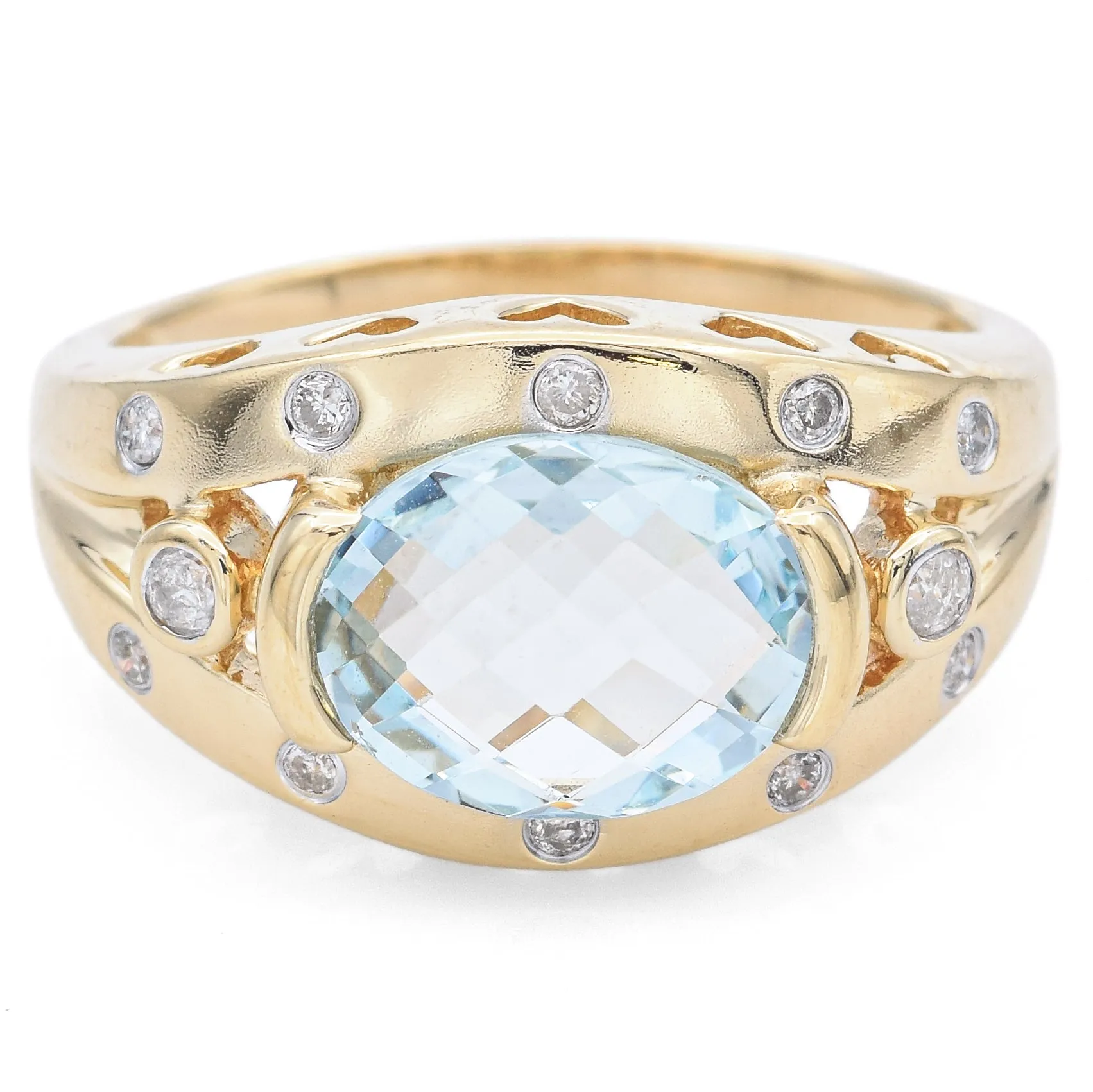 OC Signed 14K Yellow Gold Oval Faceted Aquamarine & Diamond Band Ring Size 7