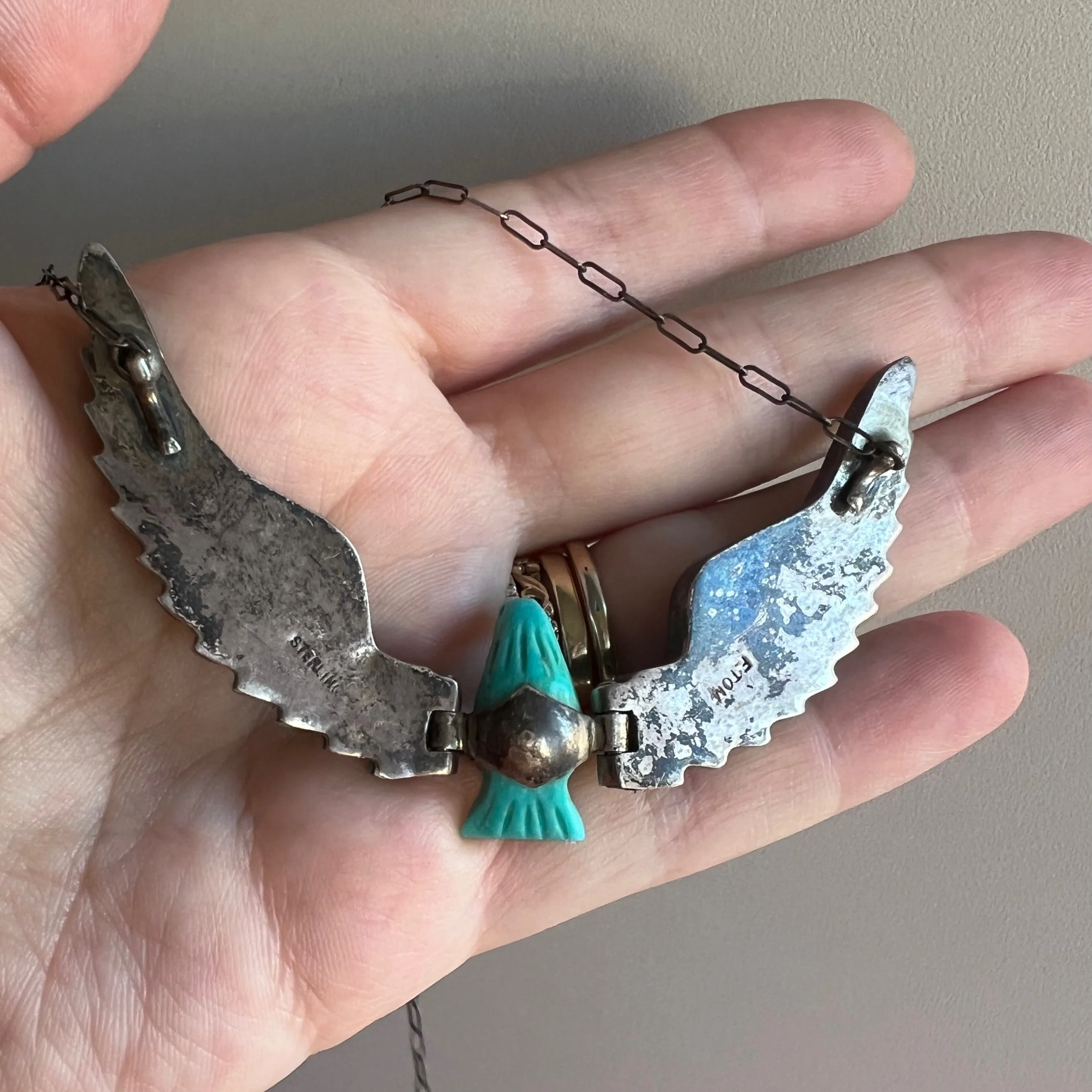 P R E - L O V E D // ready for flight / sterling silver and turquoise artist signed eagle necklace / a necklace