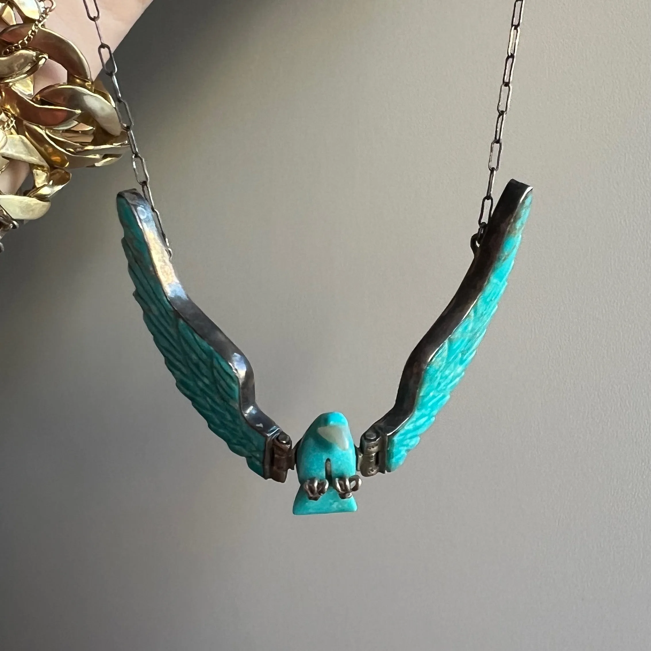 P R E - L O V E D // ready for flight / sterling silver and turquoise artist signed eagle necklace / a necklace