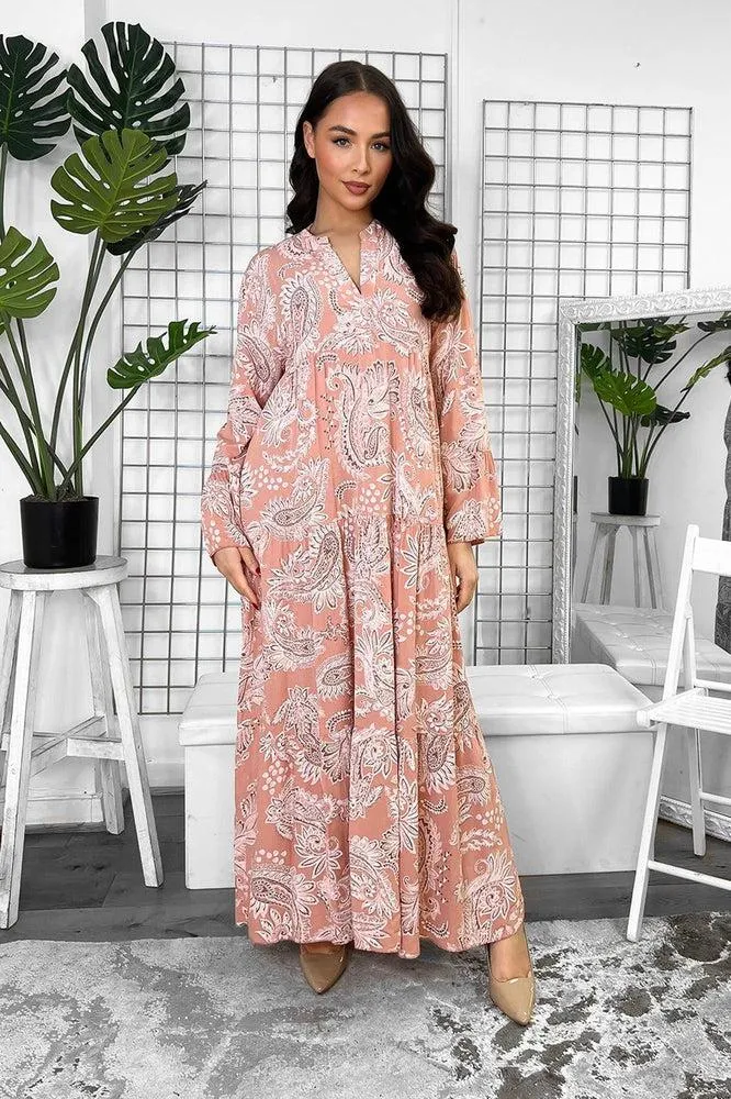 Pailey Print Grandad Collar Tiered Maxi Dress