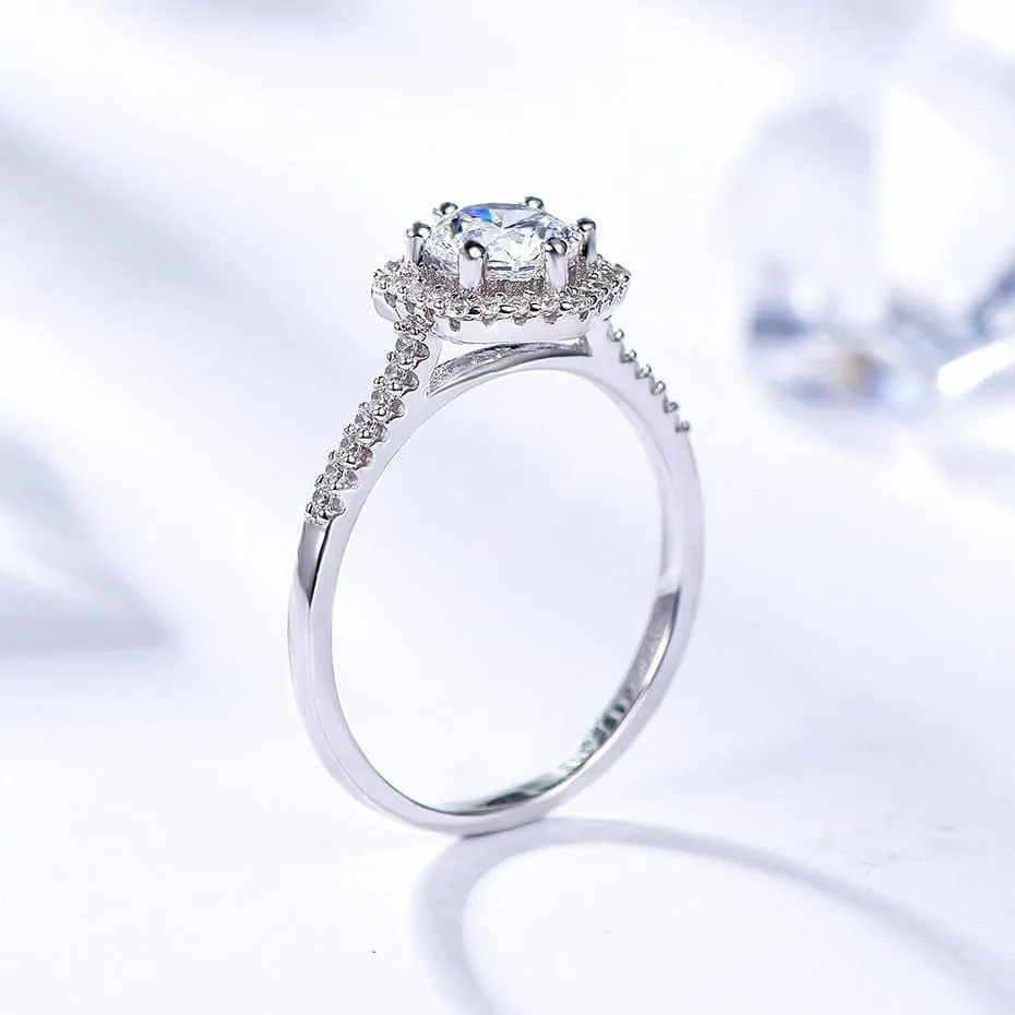 Platinum Plated Silver Halo Moissanite Ring 0.8ct