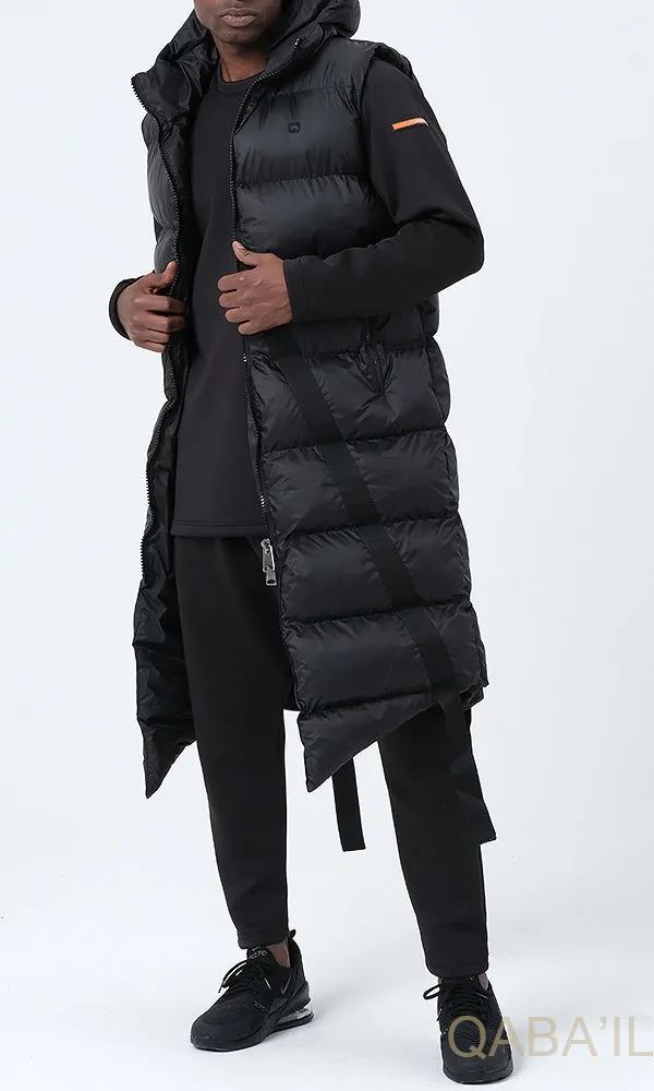 QL Sleeveless Longline Puffer Hooded Gilet in Black