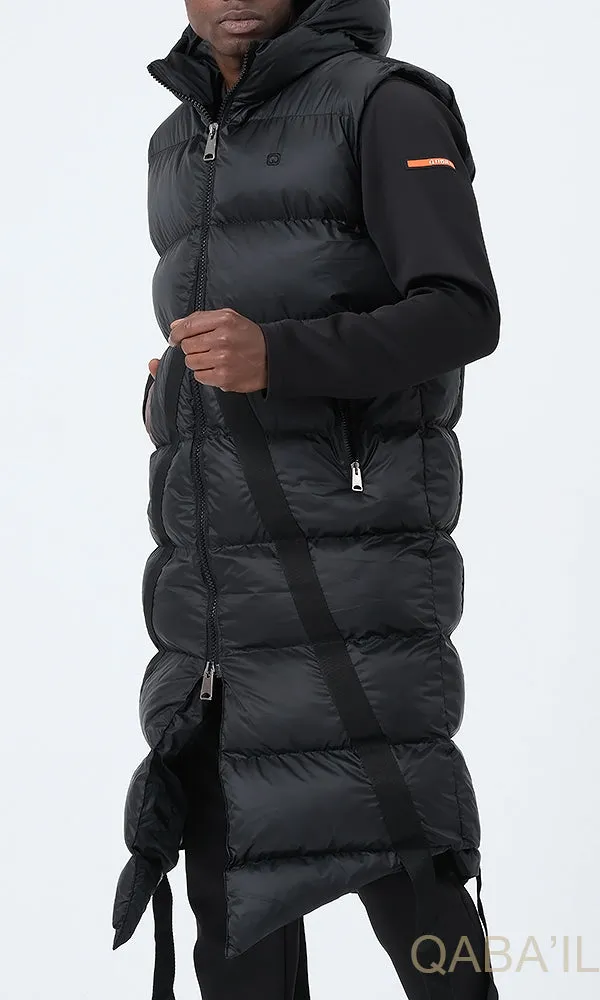 QL Sleeveless Longline Puffer Hooded Gilet in Black