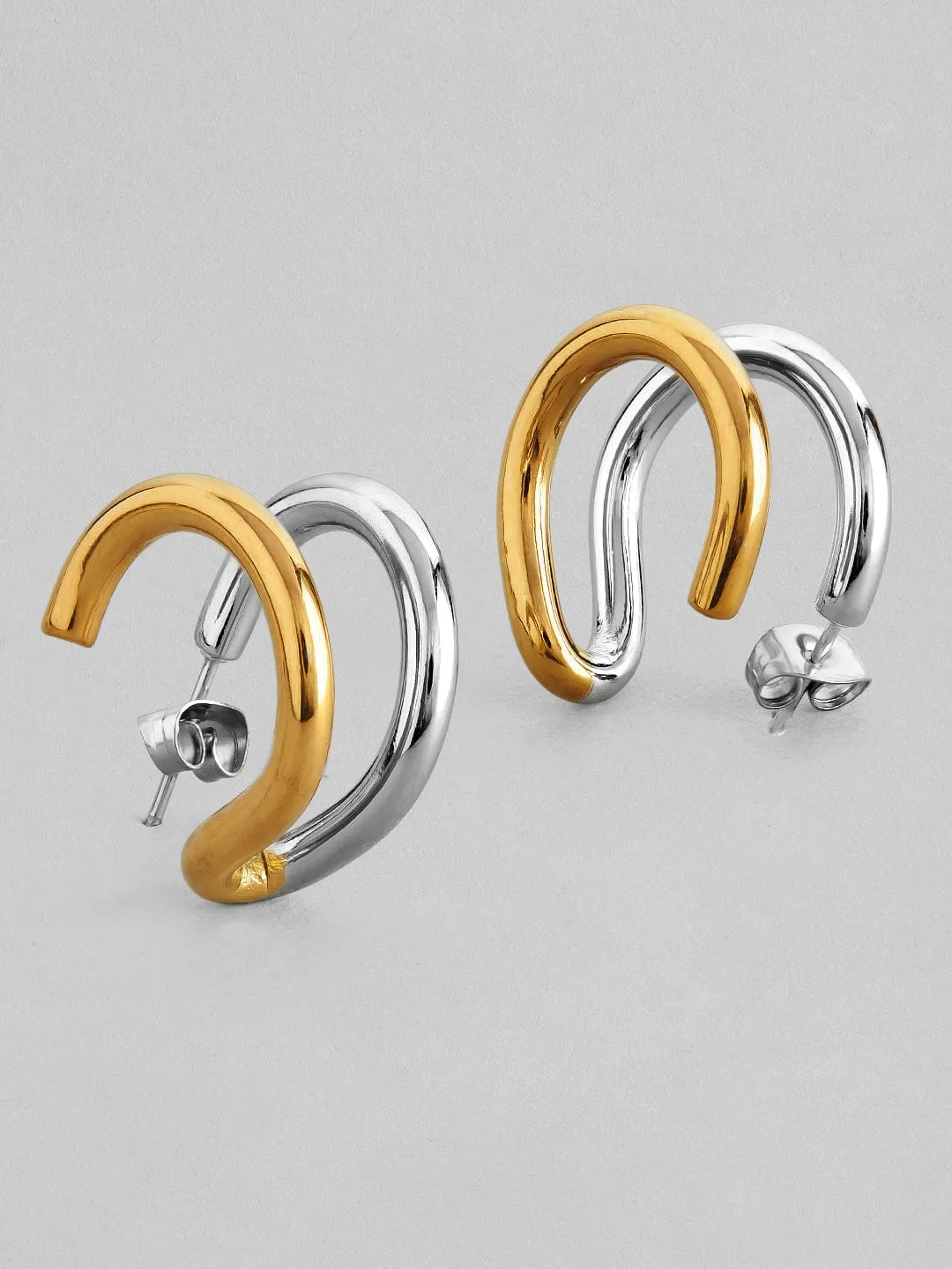 Rubans Voguish 18K Gold And Rhodium Plated Stainless Steel Waterproof Stud Earrings.