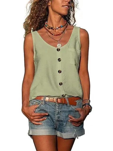 Sleeveless Army Green V-Neck T-shirt with Cute Kitten Design for Women