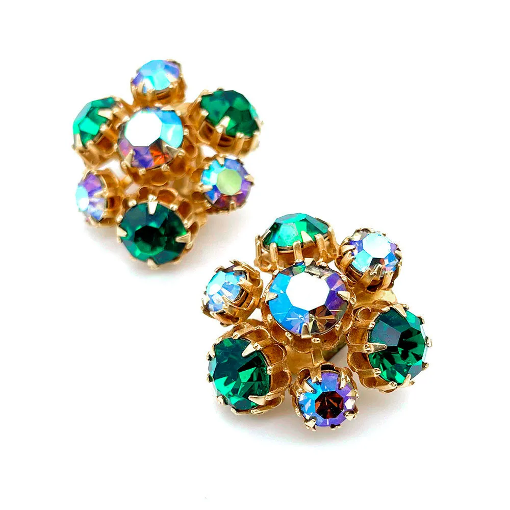 【USA輸入】ヴィンテージ エメラルド オーロラ ラインストーン イヤリング/Vintage Emerald Aurora Rhinestones Clip On Earrings