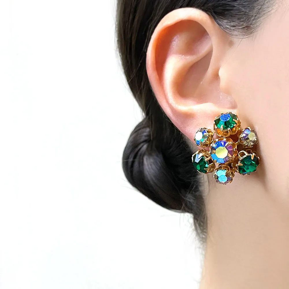 【USA輸入】ヴィンテージ エメラルド オーロラ ラインストーン イヤリング/Vintage Emerald Aurora Rhinestones Clip On Earrings