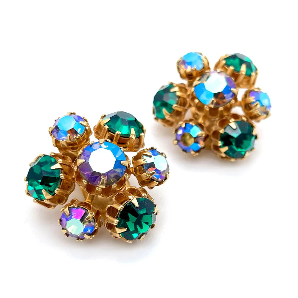 【USA輸入】ヴィンテージ エメラルド オーロラ ラインストーン イヤリング/Vintage Emerald Aurora Rhinestones Clip On Earrings