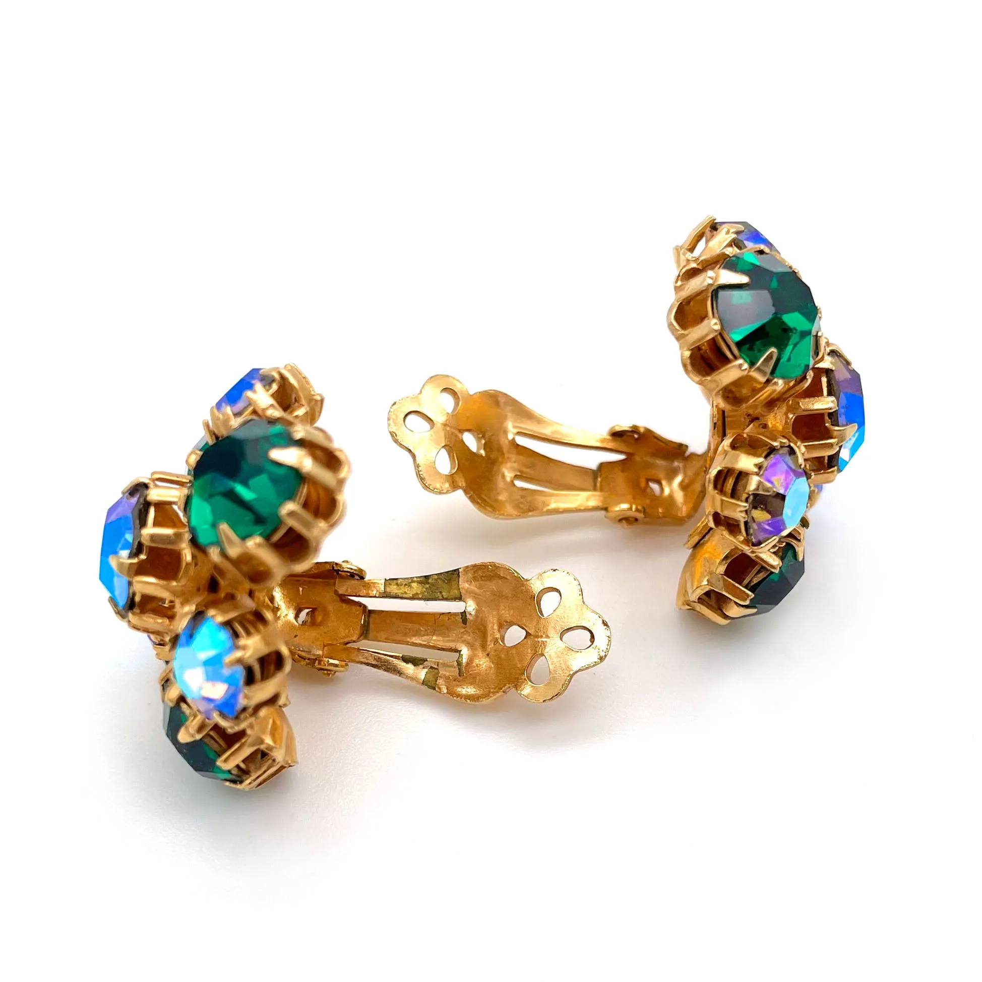 【USA輸入】ヴィンテージ エメラルド オーロラ ラインストーン イヤリング/Vintage Emerald Aurora Rhinestones Clip On Earrings