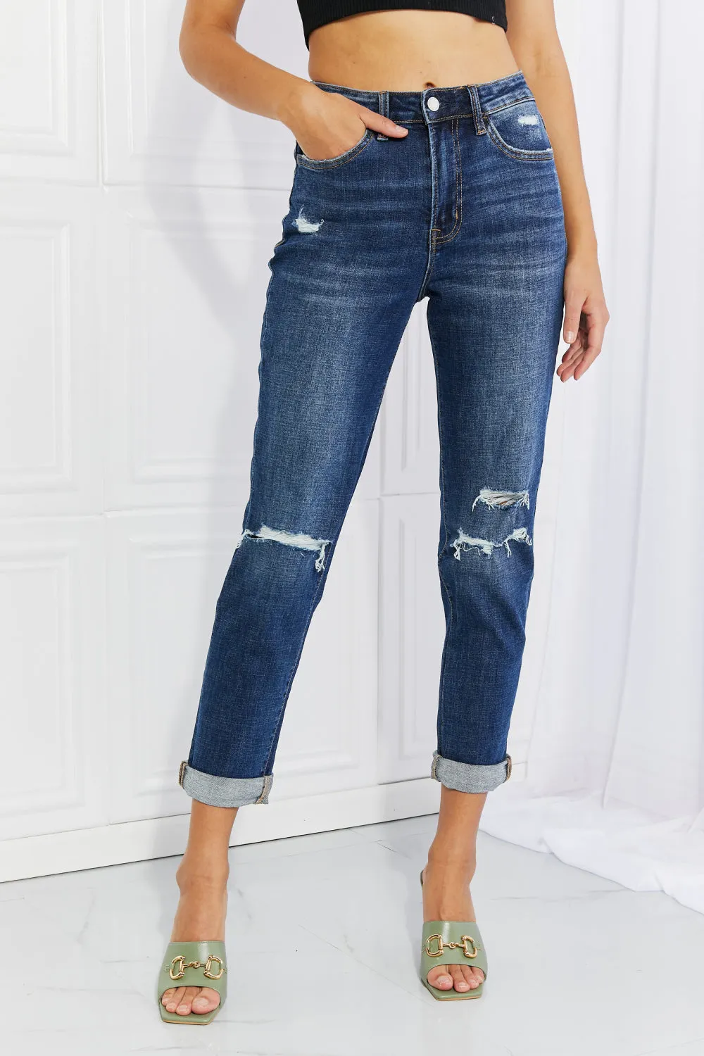 Vervet by Flying Monkey Full Size Distressed Cropped Jeans with Pockets