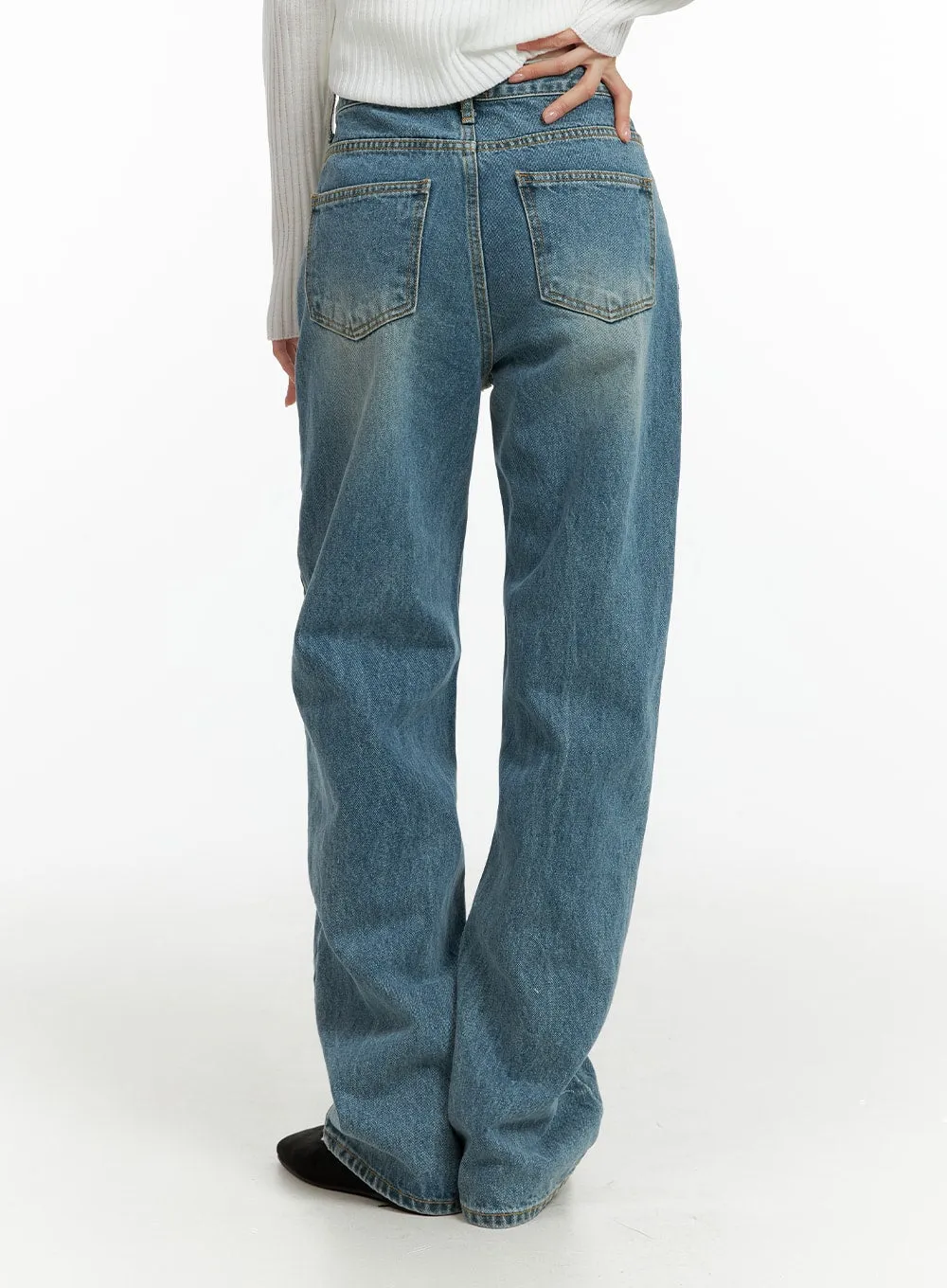 Washed Denim Straight Leg Jeans OF414