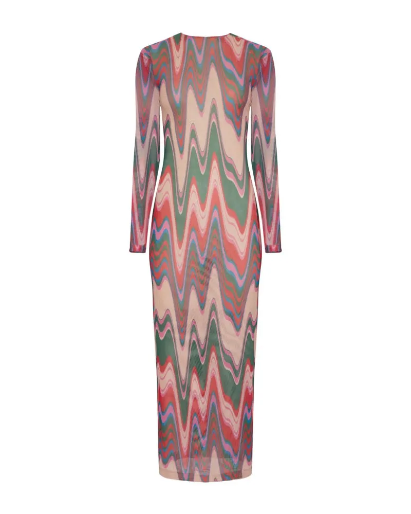 Wave Printed Tulle Maxi Dress