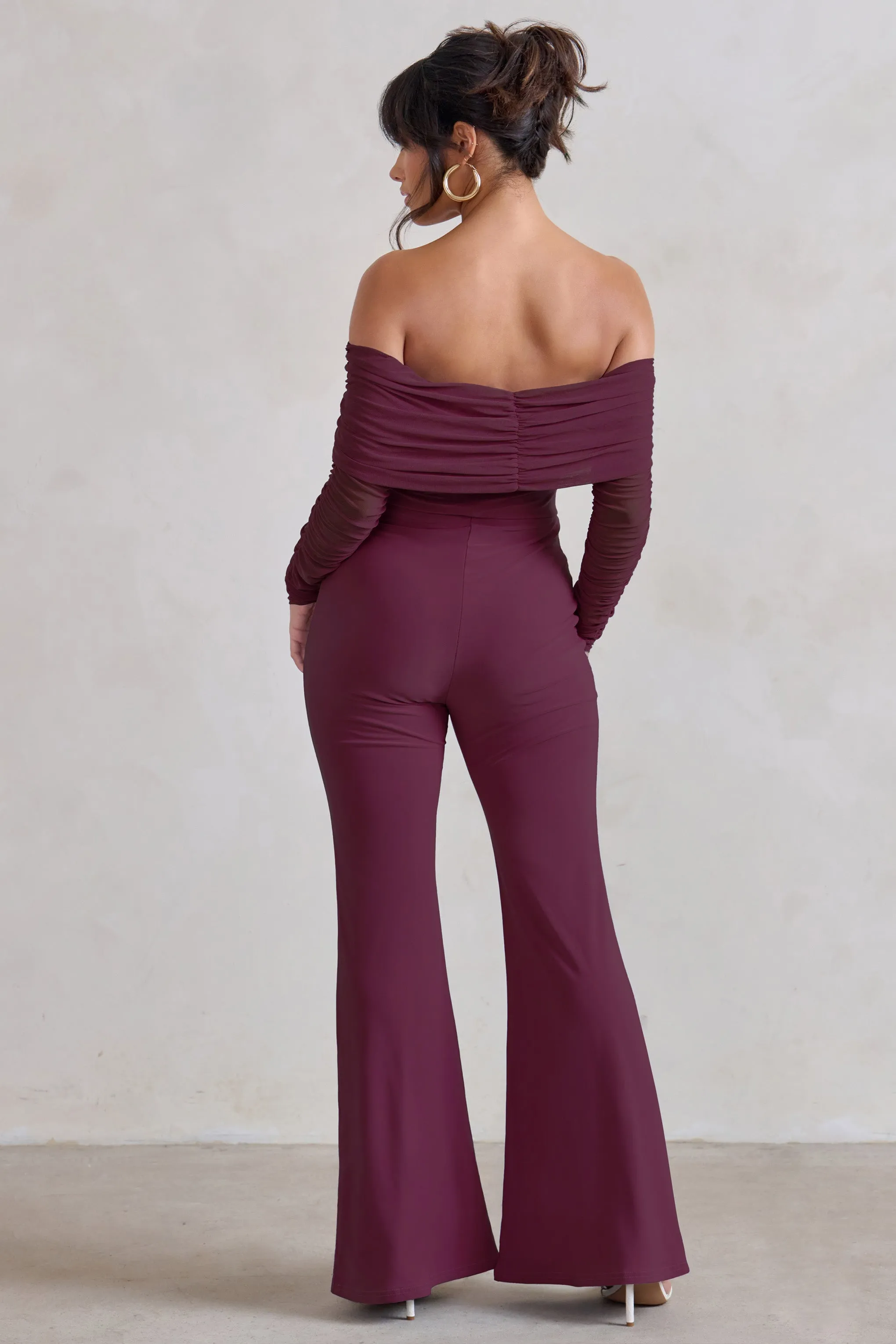 Whisper | Burgundy Ruched Mesh Bardot Jumpsuit