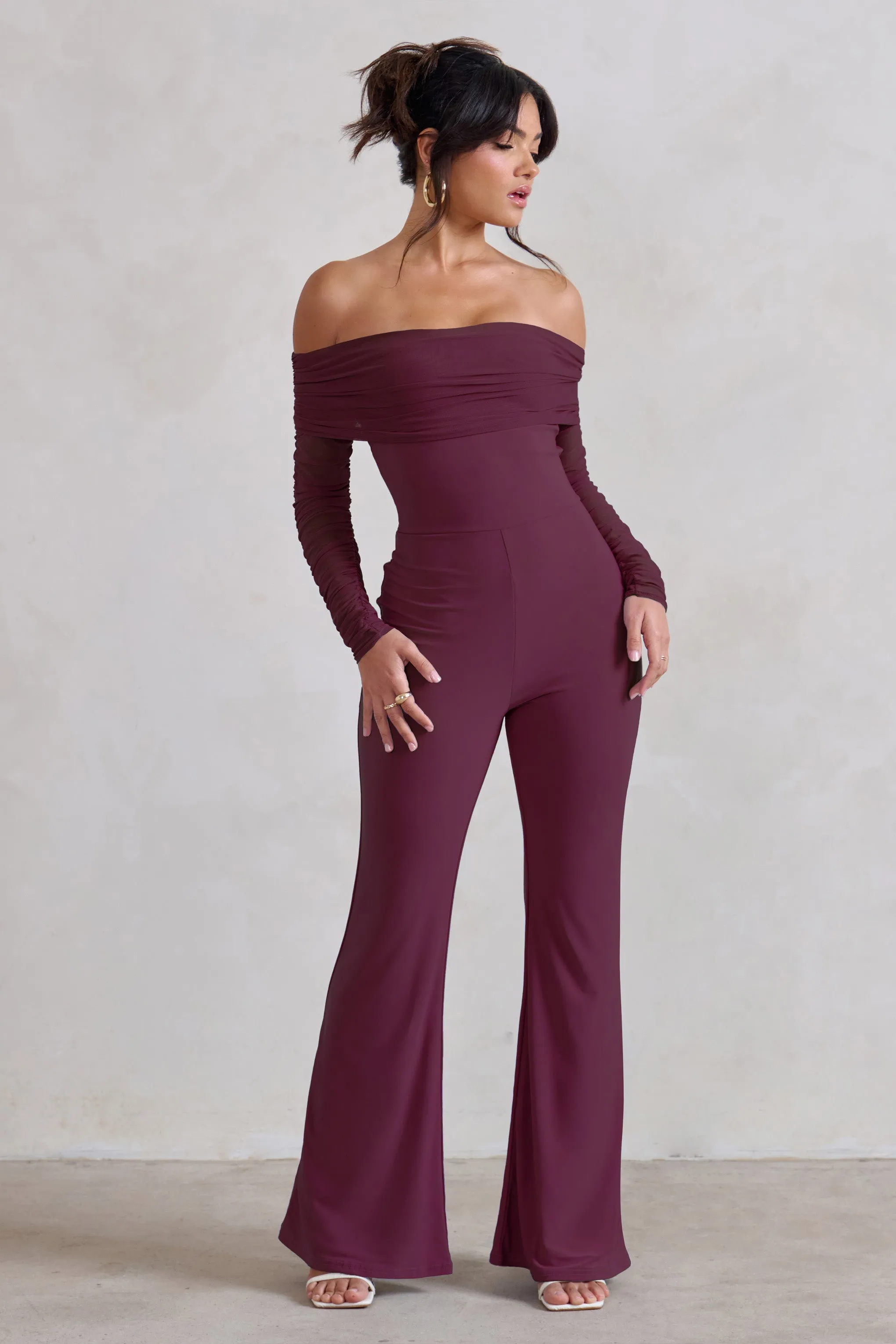 Whisper | Burgundy Ruched Mesh Bardot Jumpsuit