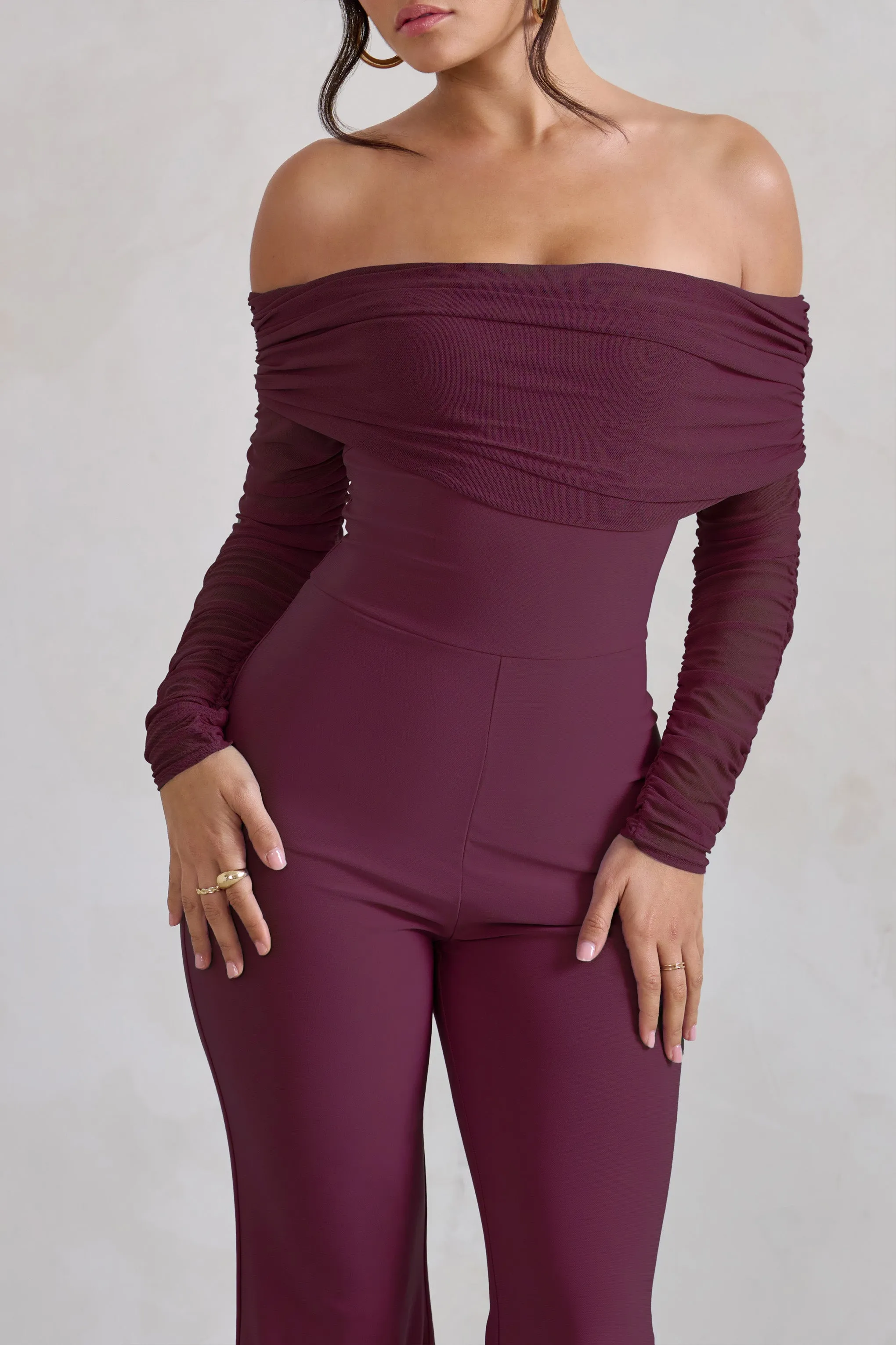 Whisper | Burgundy Ruched Mesh Bardot Jumpsuit