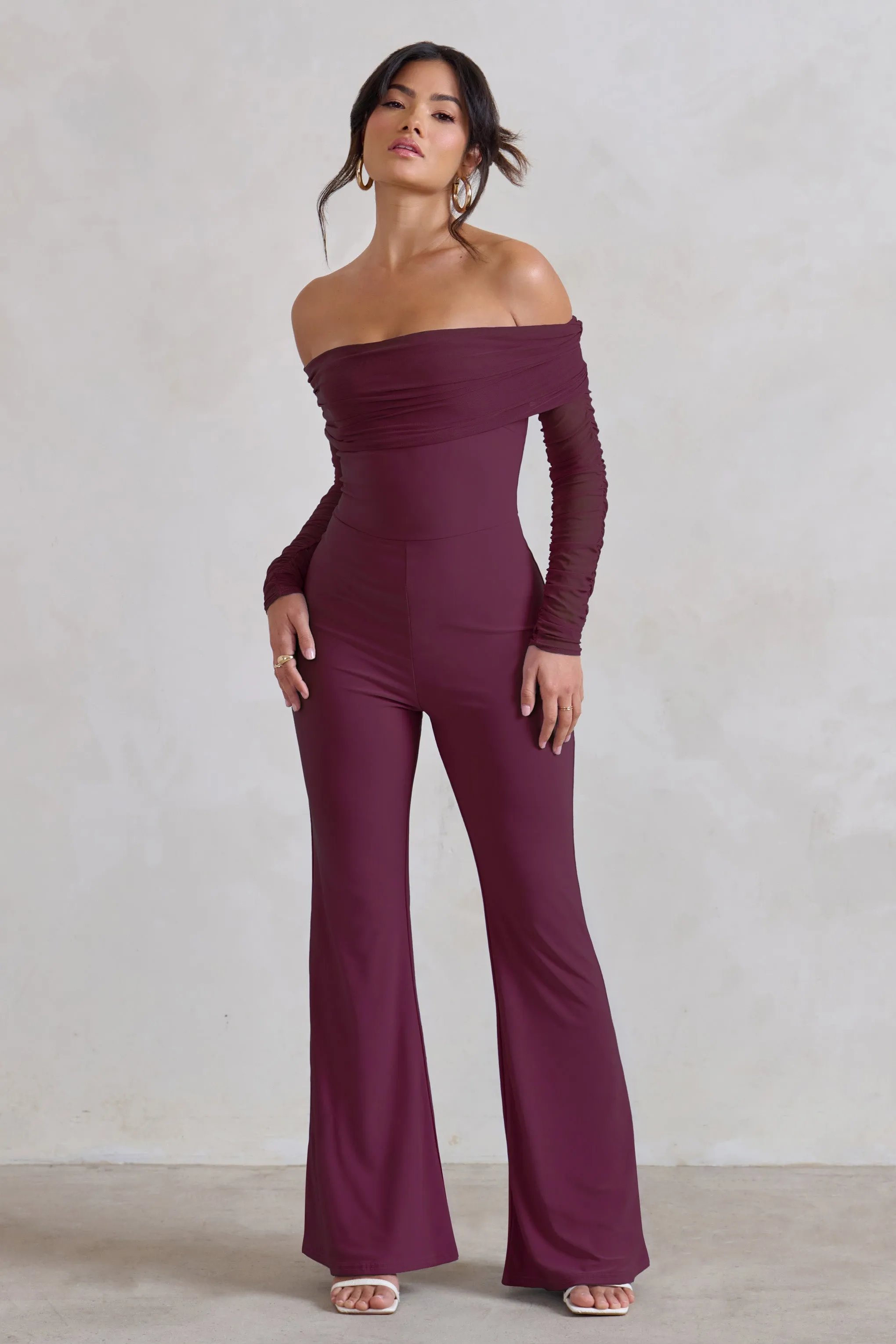 Whisper | Burgundy Ruched Mesh Bardot Jumpsuit