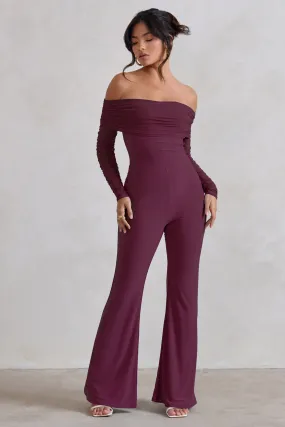 Whisper | Burgundy Ruched Mesh Bardot Jumpsuit