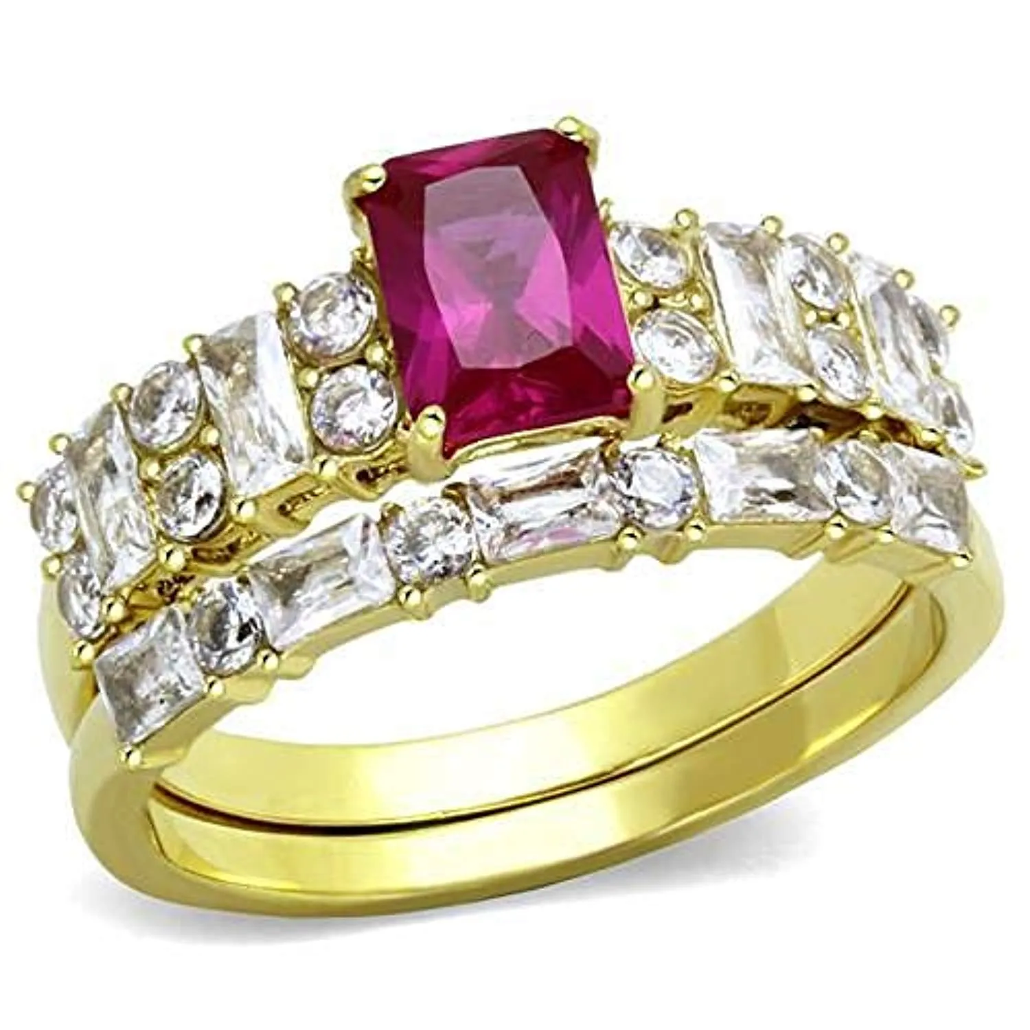 WildKlass Stainless Steel Ring IP Gold Women AAA Grade CZ Ruby