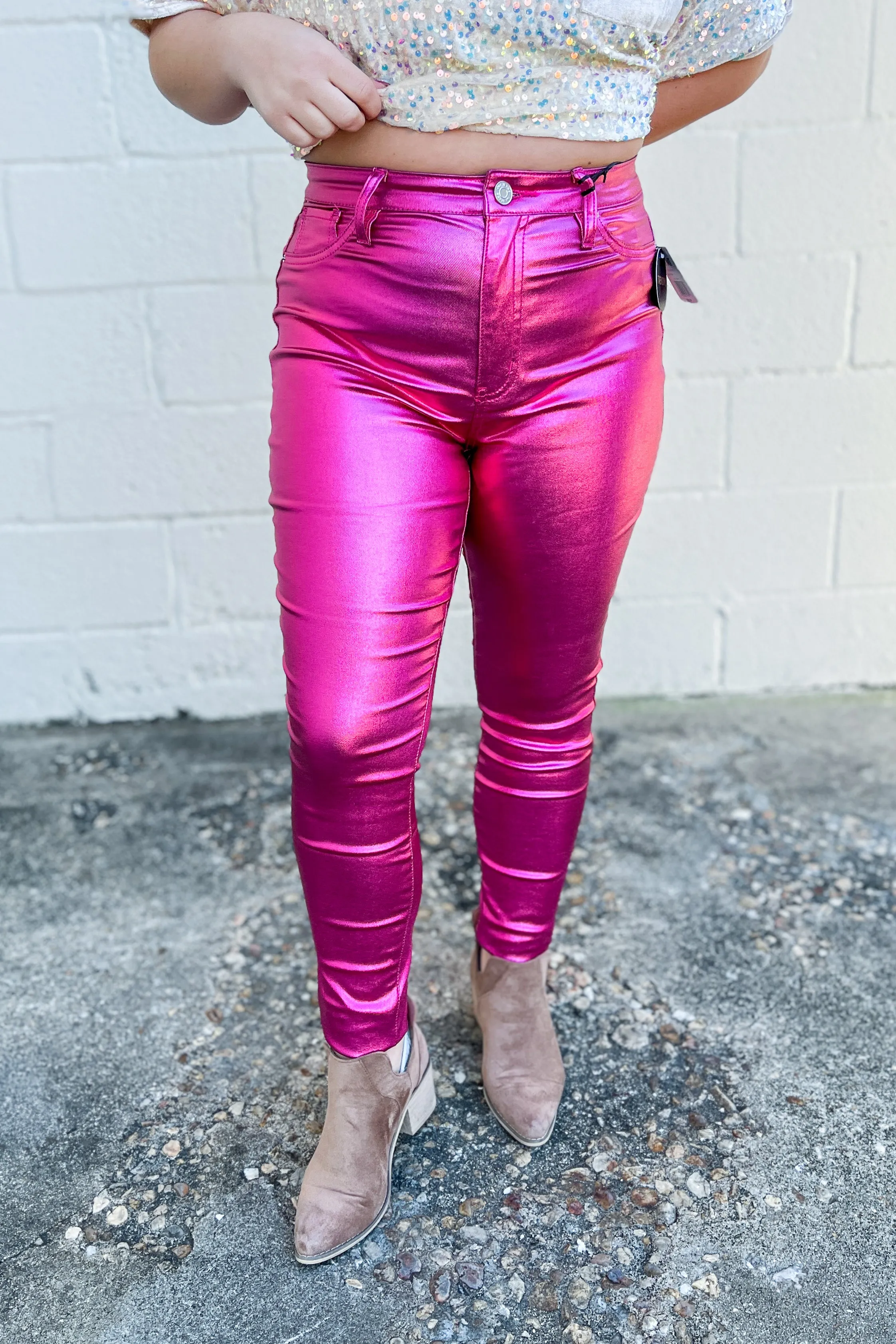 YMI Metallic Skinny Jeans, Hot Pink