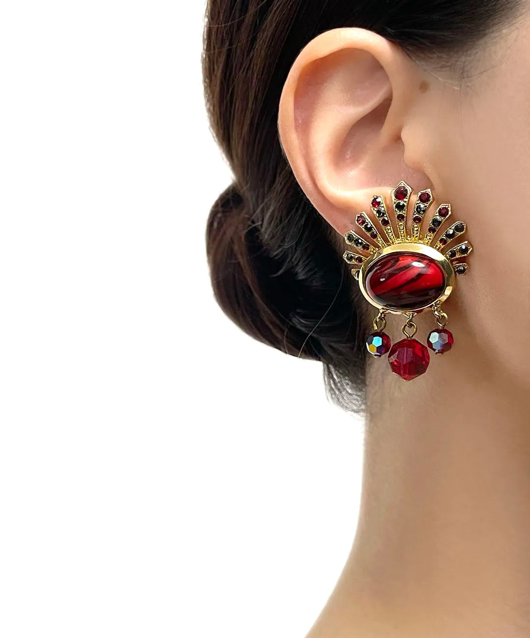 【ドイツ買付】ヴィンテージ SEIBOTH レッド ブラック ビジュー イヤリング/Vintage SEIBOTH Red Black Bijou Clip On Earrings